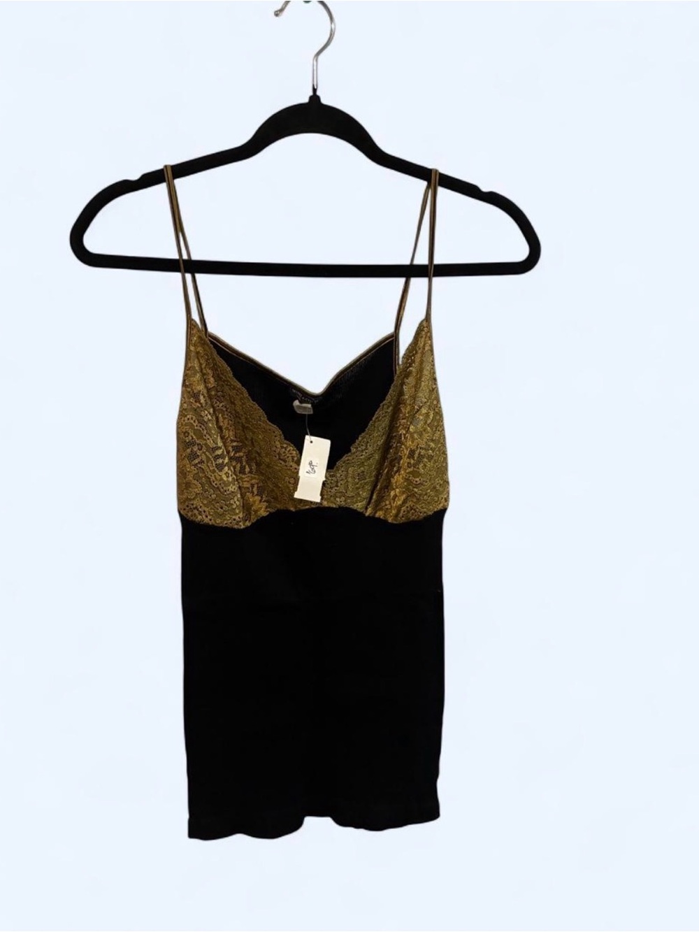 Vintage Mimi & Coco Gold Lace-Trim Black Camisole Top - Large